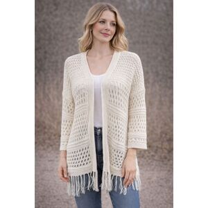 Premise Fringed Open Front Ivory 3/4 Sleeve Sweater L